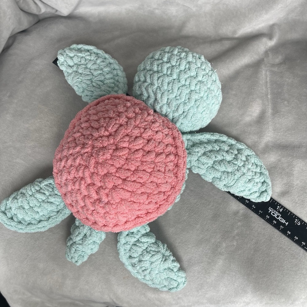 Crochet Turtle Pink Green Sparkles 12" x 13" Handmade Strawberry Pink Lemonade - Picture 7 of 8